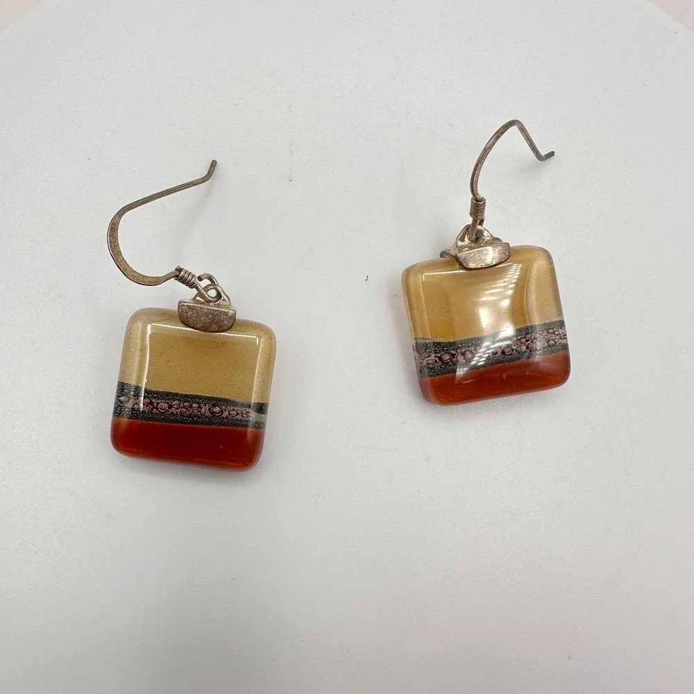 Vintage 90s Earth Tone Fused Glass Necklace Earrings Set Boho‎ Fashion Jewelry